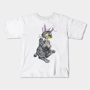 Bobtail BunnyCat: Grey Tabby (White) Kids T-Shirt